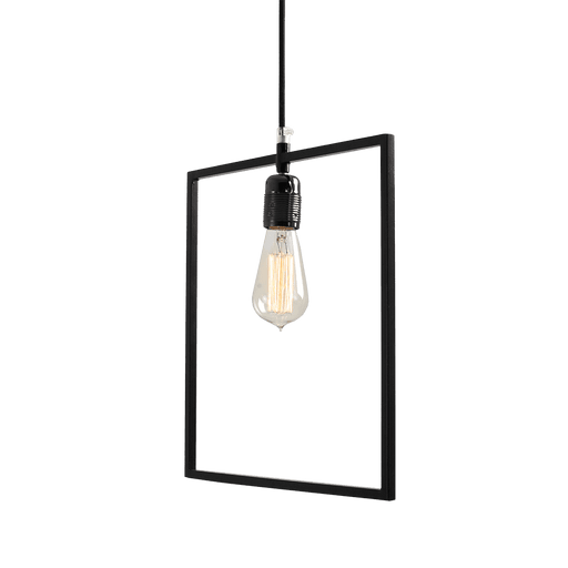 Lampada da soffitto geometrica nera con struttura rettangolare aperta e lampadina vintage visibile, stile industriale, SKU: LP001QUA-02