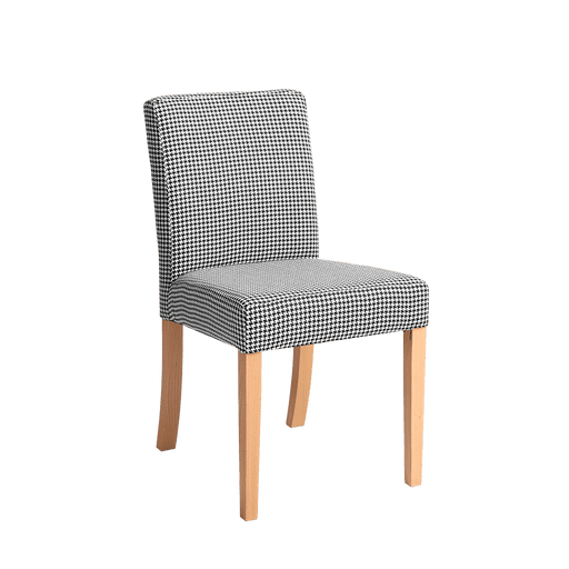 Sedia Wilton con rivestimento in tessuto a motivo pepita scuro, struttura in legno naturale, altezza 84 cm, ideale per ambienti moderni