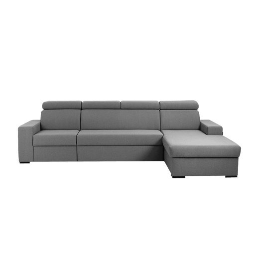 Divano angolare moderno in tessuto grigio con braccioli larghi e schienale regolabile, ideale per soggiorno elegante e funzionale