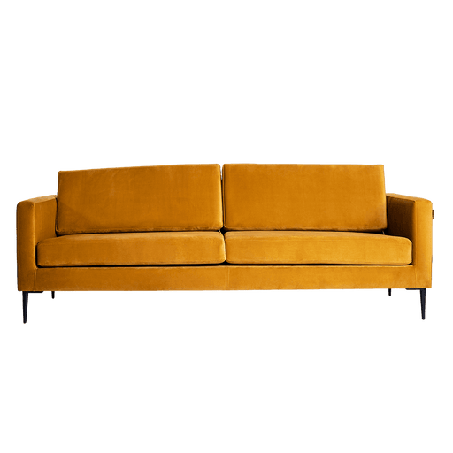 Divano 3 posti VERGAN in velluto color senape con gambe nere, design contemporaneo, ideale per soggiorno elegante e accogliente.