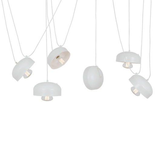 Lampadario industriale bianco Popo Flat 6 con diffusori moderni e cavi liberi, stile contemporaneo, perfetto per ambienti eleganti