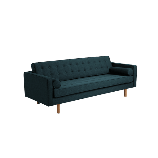 Divano letto 3 posti in tessuto Deep Sea, design moderno con struttura in legno naturale, cuscini cilindrici e stile elegante