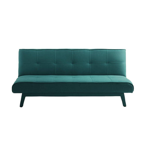 Divano letto 2 posti MODES Sea Breeze in tessuto verde smeraldo, struttura in legno, design elegante con cuciture a quadrato, ideale per soggiorno.