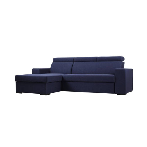 Divano letto ad angolo Atlantica in tessuto blu scuro, con braccioli e poggiatesta regolabili, ideale per soggiorno moderno e versatile.
