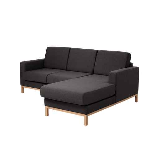 Divano angolare 2 posti in tessuto nero con struttura in legno chiaro, design moderno e funzionale, ideale per salotti eleganti