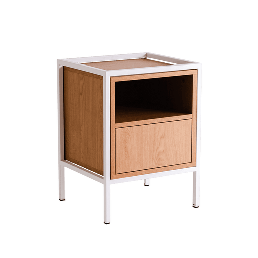 Comodino bianco con struttura in metallo e pannelli in legno naturale, design contemporaneo, ideale come mobile modulare versatile