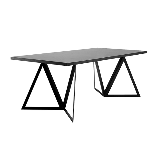 Tavolo da pranzo moderno con piano in legno massiccio nero e struttura in acciaio grezzo, design elegante e geometrico, SKU: TD064SHERBK-200-L0202