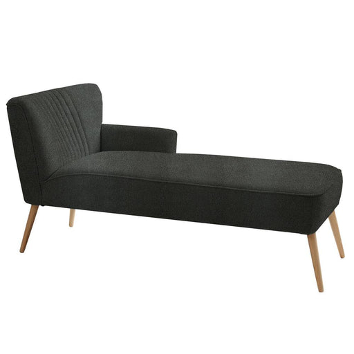 Divano letto chaise lounge Harry P in tessuto polvere naturale con schienale imbottito, gambe in legno chiaro, stile scandinavo.