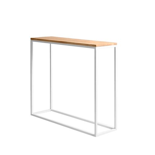 Credenza in legno massello Rovere e bianco con struttura in metallo bianco, superficie liscia e moderna, ideale come console elegante e funzionale