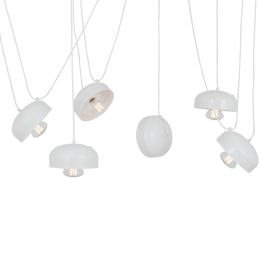 Lampadario bianco design industriale moderno con plafoniere sospese in metallo e vetro, ideale per ambienti contemporanei - SKU: LP011POPOFLL6-01