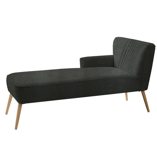 Lettino chaise longue Harry in tessuto nero, struttura in legno chiaro, design retrò, ideale per ambienti moderni e confortevoli.
