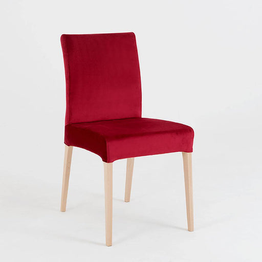 Sedia design Diana rivestita in velluto rosso con gambe in legno chiaro, ideale per ambienti eleganti e moderni, SKU: CH006DIANA-RV61