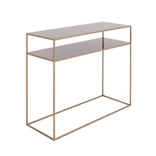 Console TENSIO 2 Floor Metal Oro con struttura in metallo dorato e ripiano in vetro colorato, ideale come mobile versatile in soggiorno o ingresso.