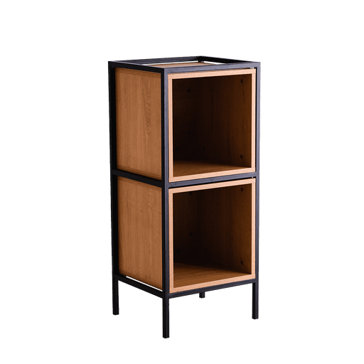 Scaffale moderno in legno naturale con struttura in metallo nero, doppio scomparto aperto, ideale per arredo versatile e contemporaneo