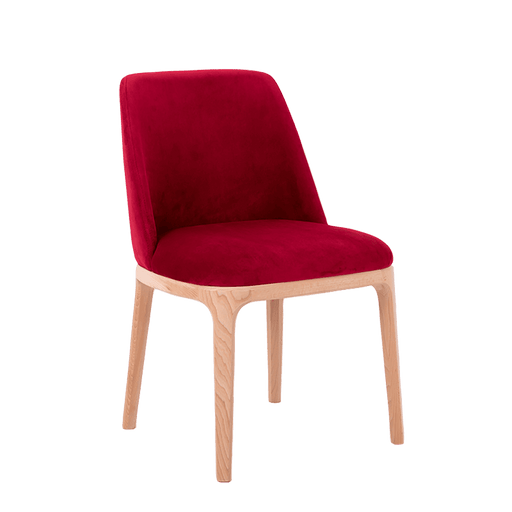 Sedia vintage con rivestimento in velluto color bacca, struttura in legno chiaro, ideale per ambienti eleganti e accoglienti.