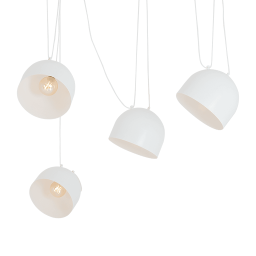 Lampada da soffitto bianca moderna con design industriale, forma rotonda inclinata, cavi a vista e lampadine esposte, ideale per interni eleganti