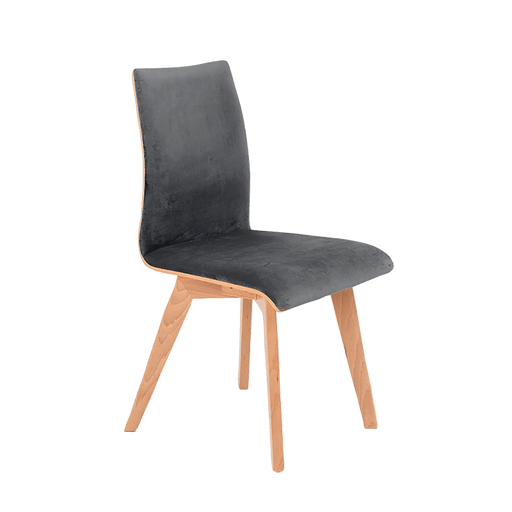 Sedia di design con struttura in legno chiaro, rivestimento in velluto grigio lilla, schiena alta e seduta comoda, ideale per sala da pranzo o studio.