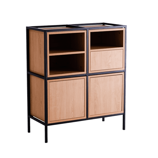 Credenza in legno naturale con struttura in metallo nero, 2 ripiani aperti e 2 ante, ideale per interni moderni, SKU: TD010SKAP2R2-MIX-9005