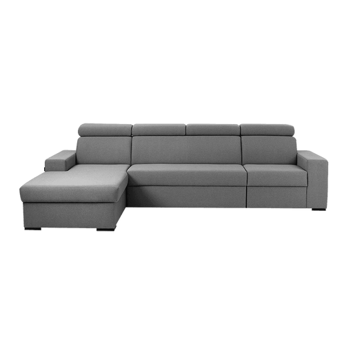 Divano letto angolare moderno in tessuto grigio chiaro, con schienali regolabili e sedute ampie, ideale per soggiorno e relax.
