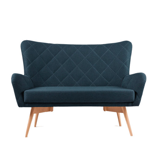Divano 2 posti Karro Blu Profondo in tessuto blu scuro con schiena trapuntata, braccioli curvi e struttura in legno chiaro, stile moderno