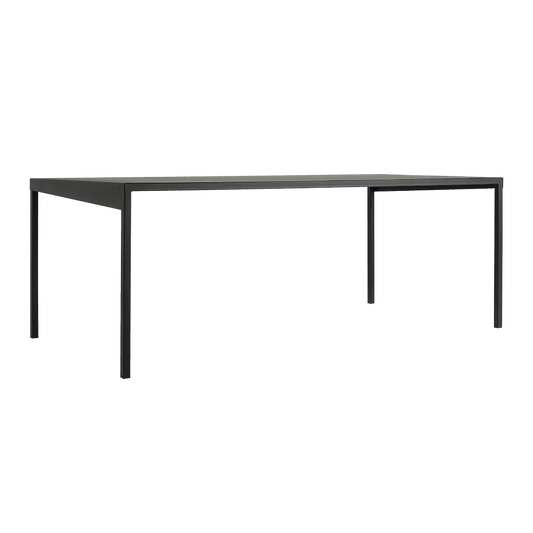 Tavolo da pranzo nero Obroos con piano in metallo nero e struttura in metallo, design minimalista, ideale per ambienti moderni - SKU: TD006OBR180-9005