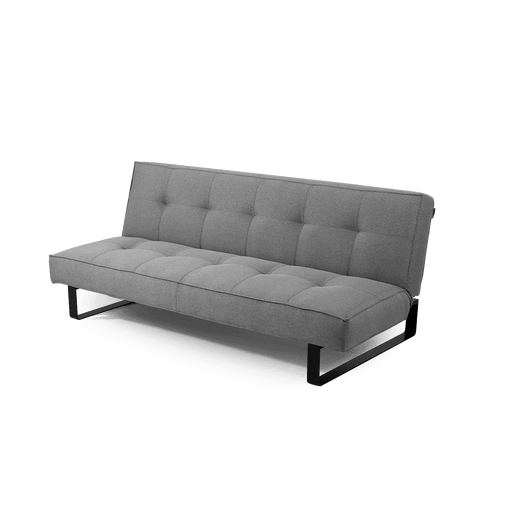 Divano letto 2 posti in tessuto grigio con struttura in acciaio nero, design moderno e confortevole, ideale per spazi ristretti.