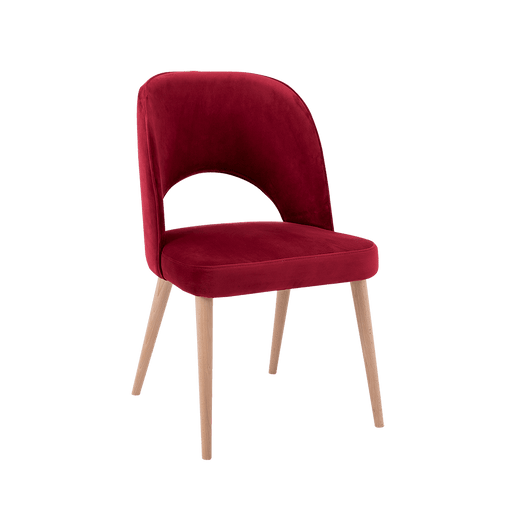 Sedia confortevole in velluto rosso con struttura in legno chiaro, design elegante e versatile, ideale per sala da pranzo o ufficio