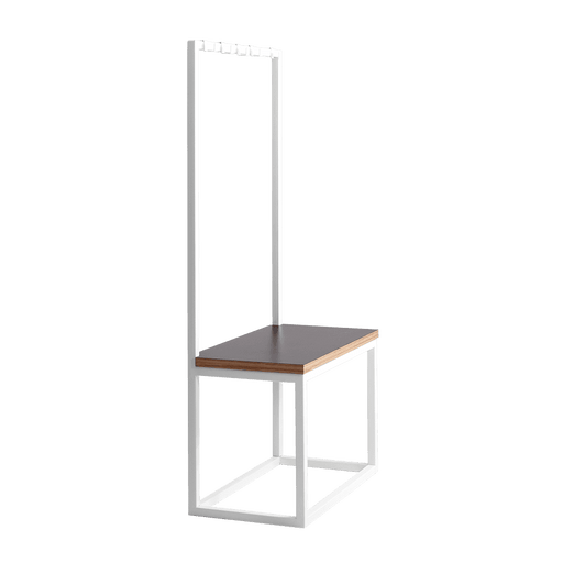 Portaabiti con panca NEXT 75 in bianco e nero, struttura in metallo bianco, piano in legno scuro, design minimalista e funzionale