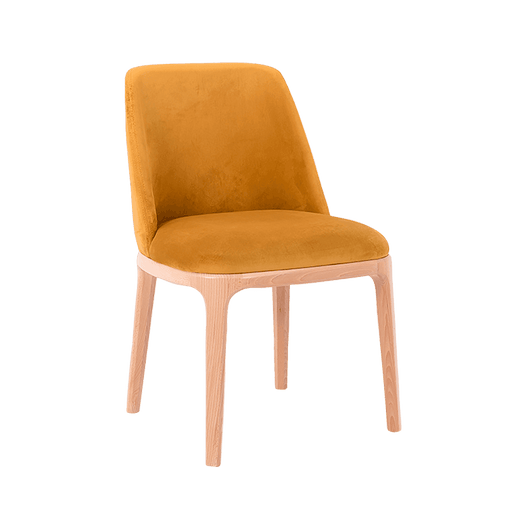 Sedia vintage LULU Passion Fruit con rivestimento in velluto giallo senape, struttura in legno chiaro, design elegante e confortevole