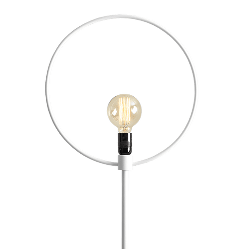 Lampada da terra moderna bianca con forma geometrica circolare e lampadina visibile, design minimalista e elegante per ambienti contemporanei