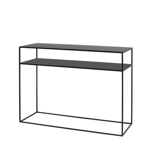 Console metallica nera Tensio 100x35 con struttura in ferro nero e piano in metallo, ideale come tavolo versatile ed elegante per soggiorno o studio.
