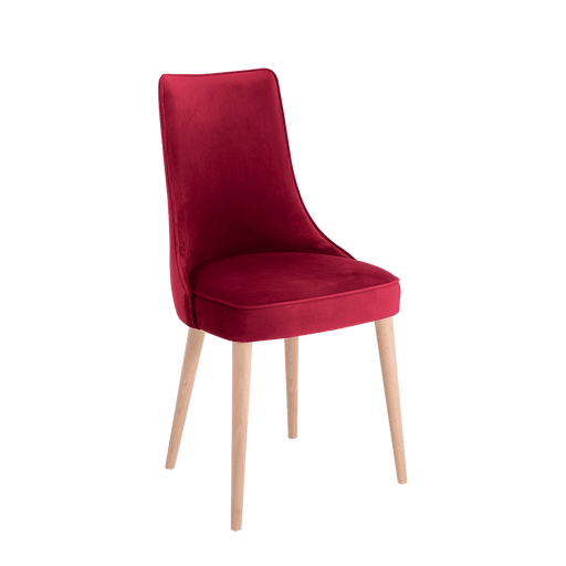 Sedia designer KIKO in velluto rosso ciliegia con gambe in legno chiaro, stile elegante e confortevole, ideale per soggiorno o ufficio.