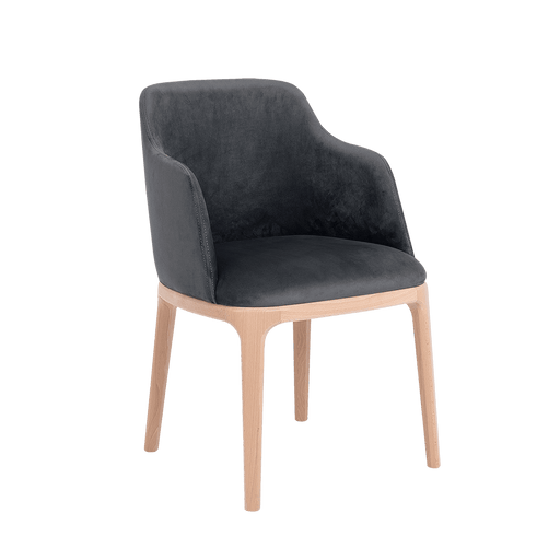Sedia vintage LULU con braccioli in tessuto grigio lilla, struttura in legno chiaro, ideale per soggiorno o sala da pranzo, SKU: CH006LULUARM-RV96