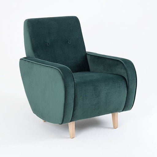 Poltrona Panda in velluto verde scuro con design moderno, schienale alto e comodo, perfetta per ambienti living eleganti.