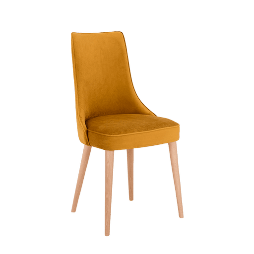 Sedia design KIKO Passion Fruit in velluto giallo senape, struttura in legno chiaro, ideale per sala da pranzo o soggiorno elegante.