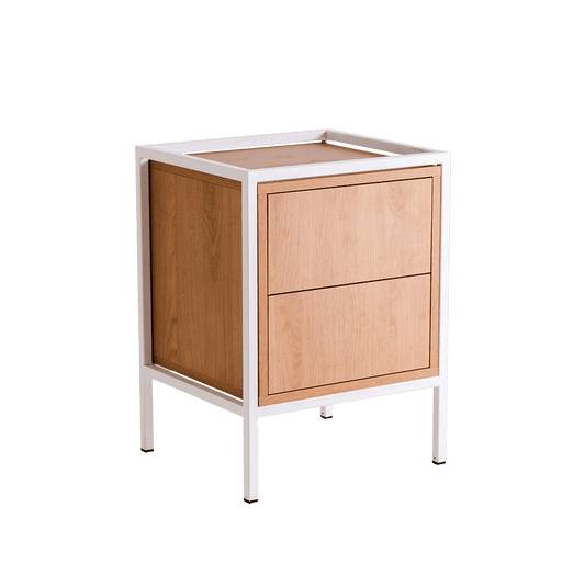 Scaffale bianco con cassetti in legno chiaro, struttura in metallo bianco, ideale per arredo moderno e pratico, SKU: TD010SKAP1R1-2D-9003