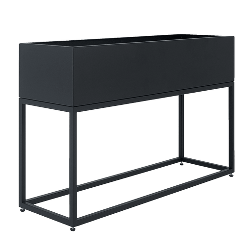 Fioriera nera FIORINA 100x30x60 in design scandinavo, con contenitore rettangolare in metallo e struttura in ferro nero, ideale per piante.