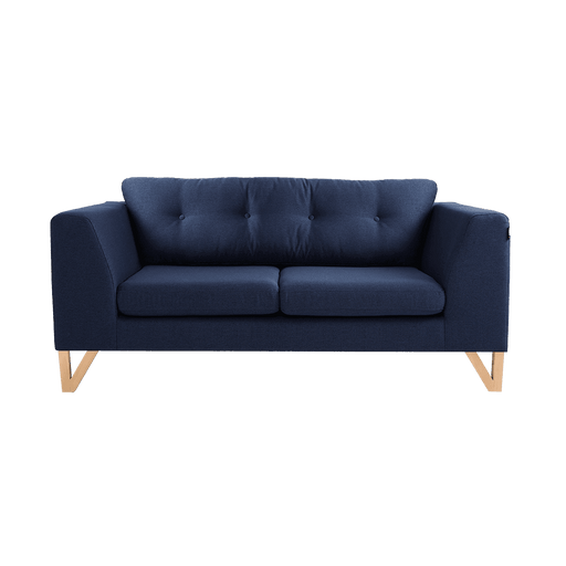 Divano 2 posti Willy in tessuto blu scuro con struttura in legno chiaro, design scandinavo, dimensioni 68x97x180 cm, stile moderno.