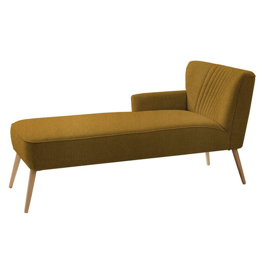 Lettino chaise longue HARRY L in tessuto marakuja naturale, design retrò con schienale imbottito e gambe in legno chiaro, ideale per relax.