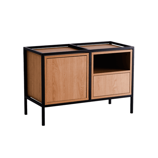 Credenza moderna in legno naturale con struttura in metallo nero, due scomparti e ripiano aperto, ideale per interni eleganti e funzionali