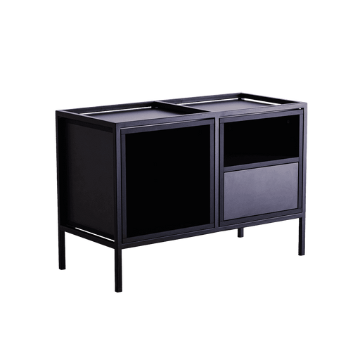 Credenza moderna nera in metallo e legno con ante e ripiani, ideale per soggiorno o ingresso, dimensioni compatte, SKU: TD010SKAPBL2R1-MIX-9005