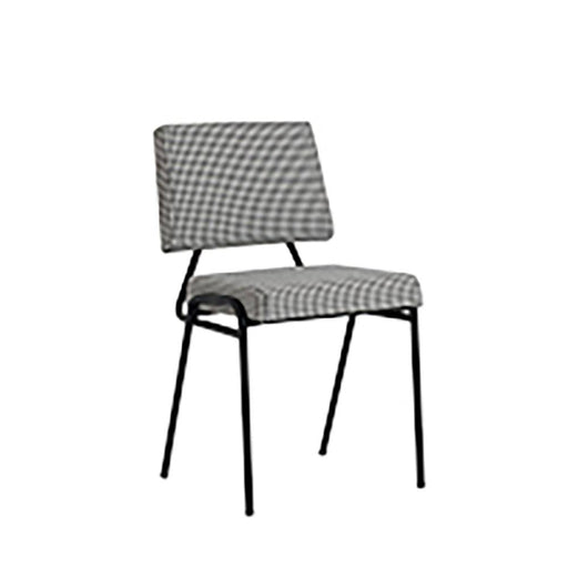 Sedia design semplice con rivestimento pied de poule nero e bianco, struttura in metallo nero, ideale per ambienti moderni ed eleganti