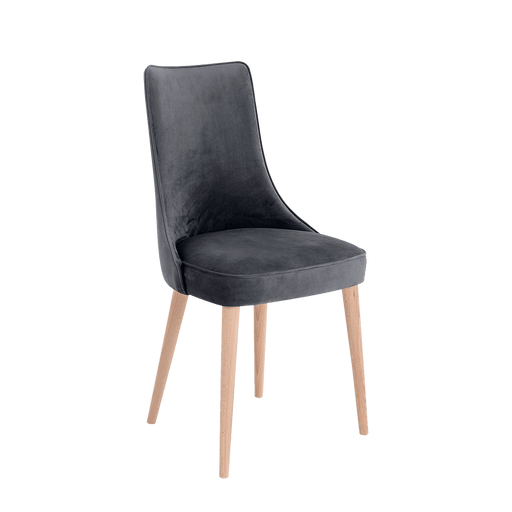 Sedia design Kiko grigio lilla con rivestimento in velluto, struttura in legno chiaro, ideale per ambienti moderni e eleganti