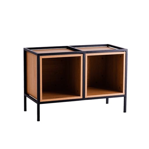 Mobile contenitore con due scomparti in legno naturale e cornice in metallo nero, ideale come mobile funzionale e versatile
