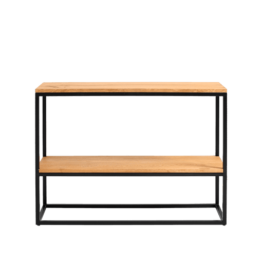 Scaffale console Julita in rovere naturale con struttura in metallo nero, design pratico e funzionale, ideale per ambienti moderni.