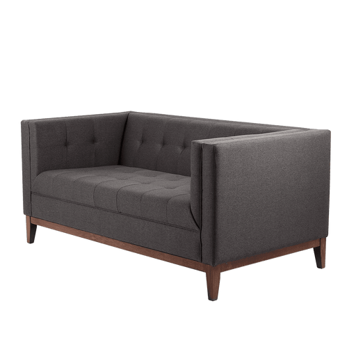 Divano letto 2 posti in tessuto grigio scuro con struttura in legno, design elegante e moderno, ideale per soggiorni contemporanei.