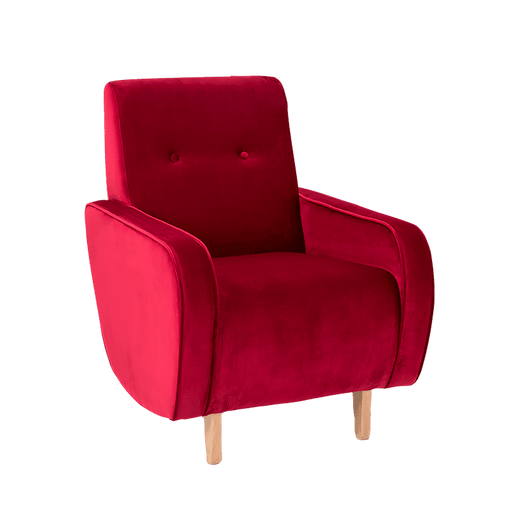 Poltrona Panda in velluto color cranberry, struttura in legno naturale, design elegante e accogliente, ideale per soggiorno o studio.