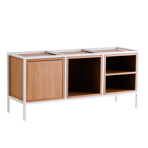 Credenza moderna bianca con ante in legno chiaro e vani aperti, ideale per interni di design, dimensioni compatte, SKU: TD010SKAP3R1-MIX-9003