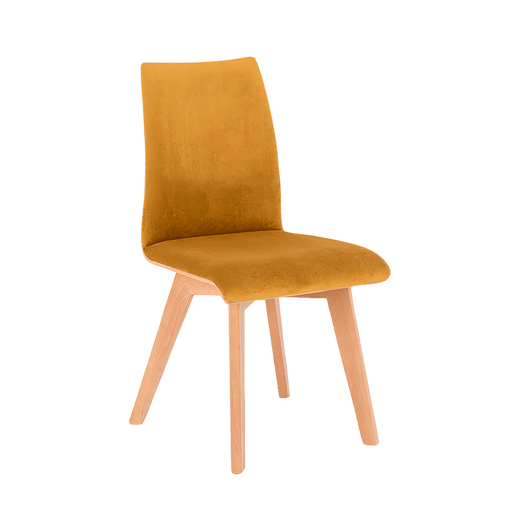 Sedia design Roen frutto della passione con rivestimento in velluto giallo senape, struttura in legno chiaro, ideale per ambienti eleganti