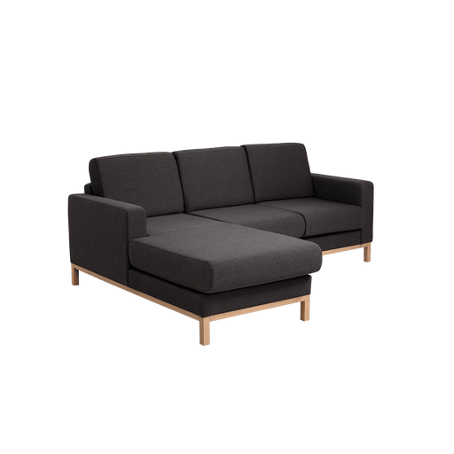 Divano angolare 2 posti sinistro in tessuto nero con struttura in legno chiaro, design moderno e confortevole, ideale per soggiorno.
